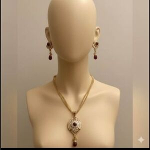 Elegant Gold-Tone & Ruby Red Cubic Zirconia Statement Set | Approx 22 inches